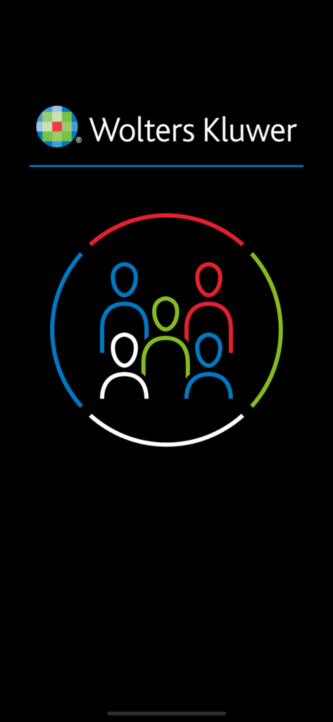 Wolters Kluwer Events - Pantalla de bienvenida de la aplicación Eventos Wolters Kluwer con el logo corporativo y un ícono estilizado de personas representando el networking profesional