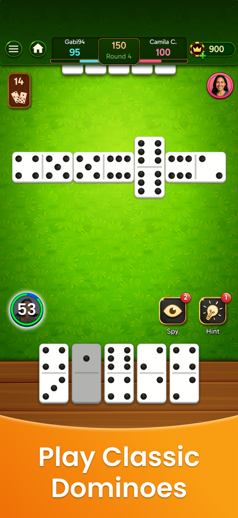 Um jogo multiplayer de dominó clássico em andamento com fundo verde e pontuações dos jogadores.