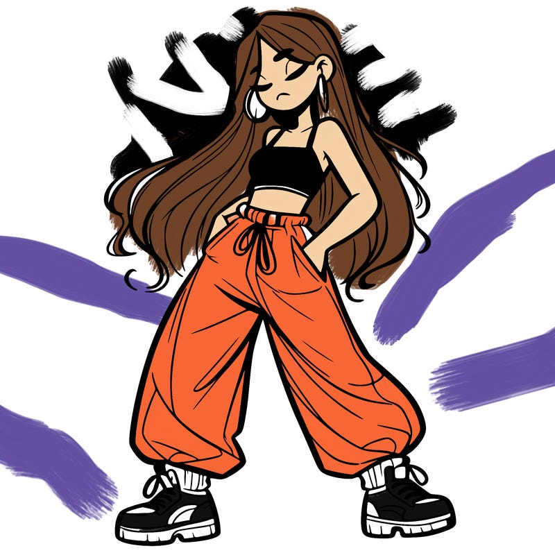 girl in baggy pants crop top and long hair
