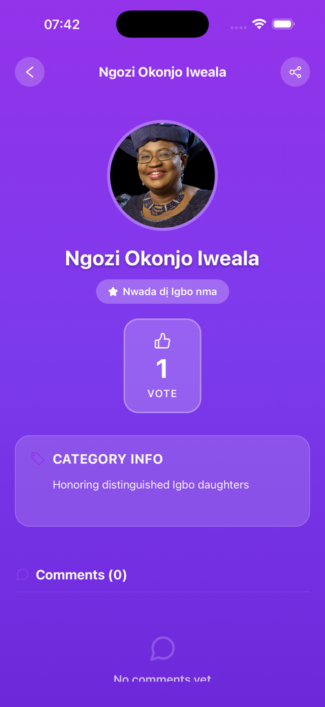 Onwá - Profile page of Ngozi Okonjo Iweala in the Onwa app under the distinguished Igbo daughters category