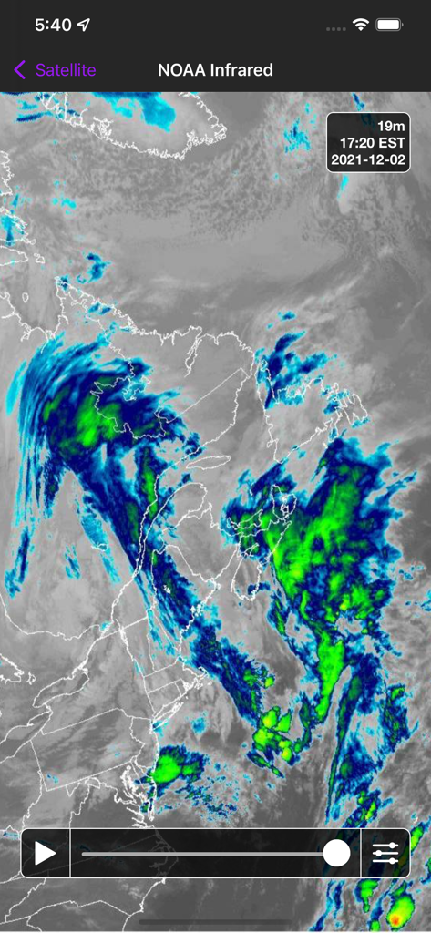 Canada Weather - La aplicación Canada Weather muestra imágenes satelitales infrarrojas de NOAA de América del Norte.