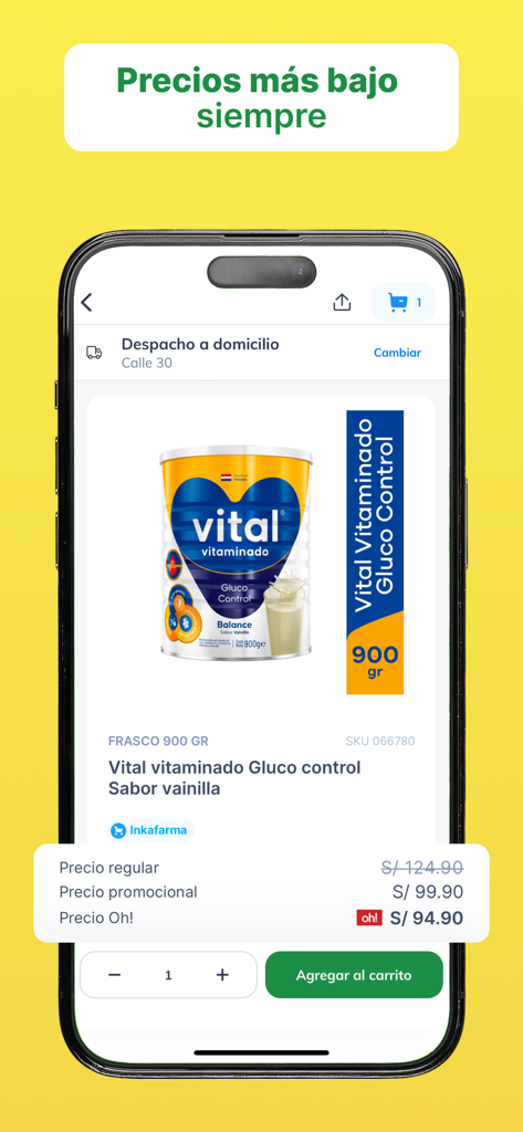 Tela do aplicativo Inkafarma Movil mostrando os detalhes do produto Vital Vitaminado Gluco Control com preços com desconto e opção de adicionar ao carrinho
