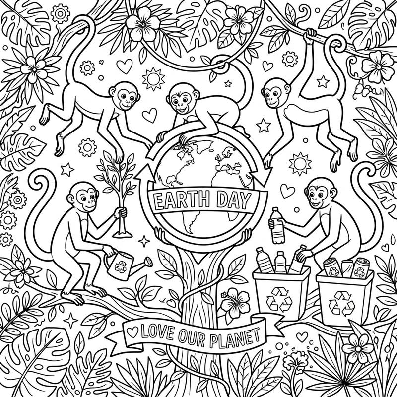 Embrace the spirit of Earth Day with this charming coloring page featuring lively spider monkeys. Watch them care for our planet by planting trees and recycling in a vibrant jungle setting.