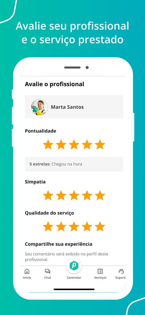 Interface de l'application Parafuzo pour évaluer un professionnel du nettoyage domestique en fonction de la qualité et de la ponctualité du service.