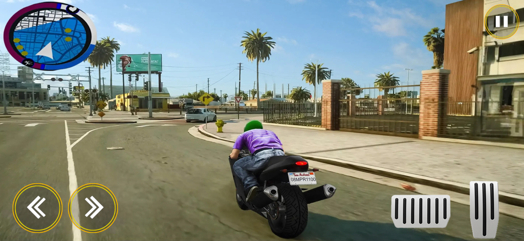Vegas Gangster Crime Car Games - A character riding a motorcycle through a city street in a gangster crime simulator game.