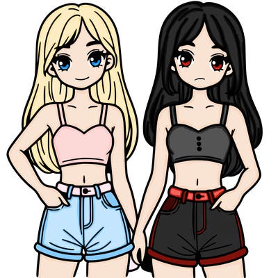 two sisters with crop tops and jean shorts and straight hair