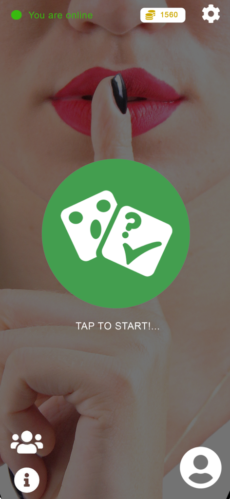 Pantalla de inicio de la aplicación Secret Game con una mujer haciendo un gesto de silencio y un gran botón verde para empezar