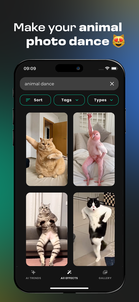 A mobile interface of Wiro AI showing a grid of AI generated videos featuring cats and a bird in dancing poses.