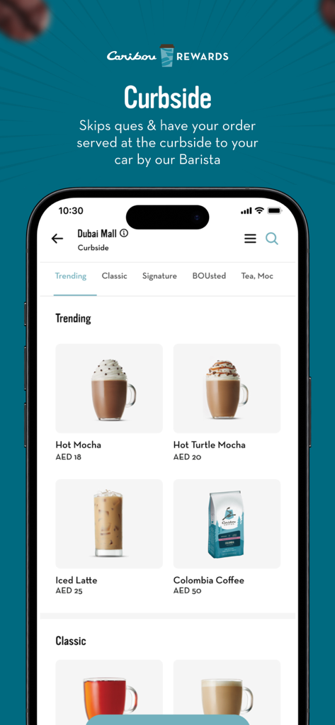 Caribou Rewards - Aplicación Caribou Rewards que muestra el menú de recogida en curbside con varias bebidas de café