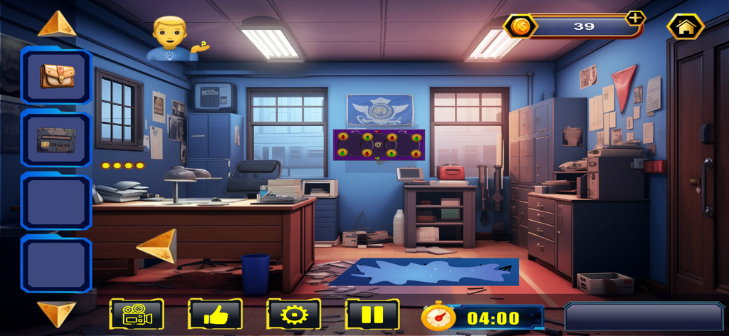 Escape Room - Strand of Glory - A point and click adventure scene in a blue office with puzzles, hidden objects, and a game inventory interface