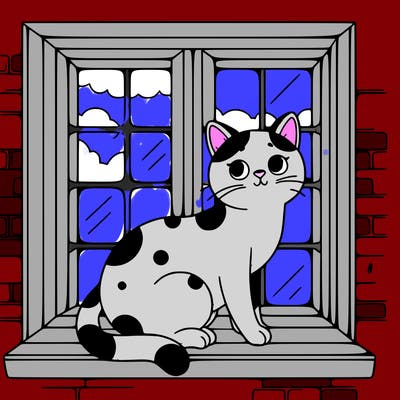 white with black spot cat in a window