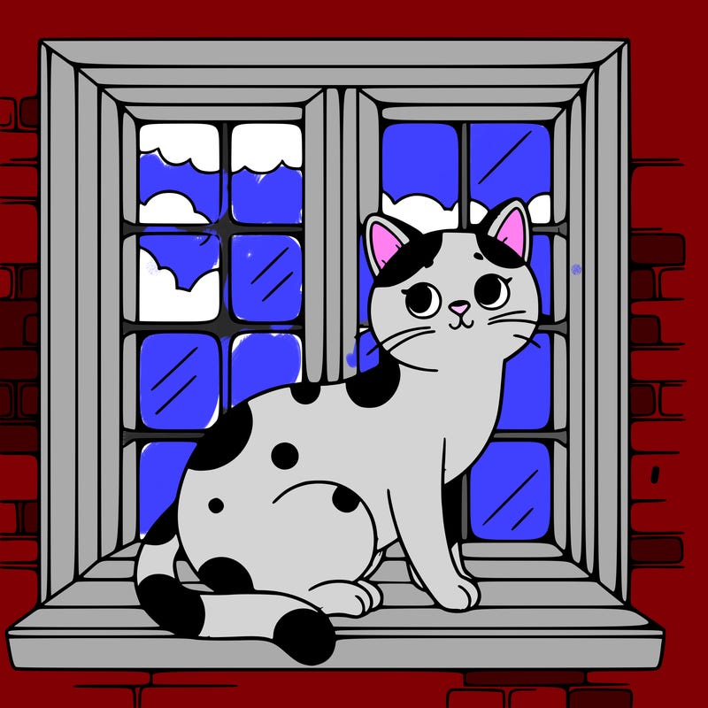 white with black spot cat in a window