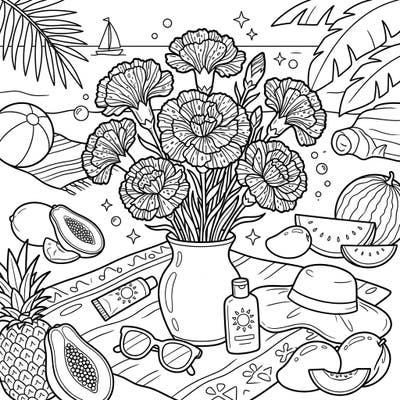 Embrace the warmth of summer with this delightful coloring page showcasing a beautiful bouquet of striped carnations. Surrounded by tropical fruits and beachside elements, it's the perfect escape for your creative mind.