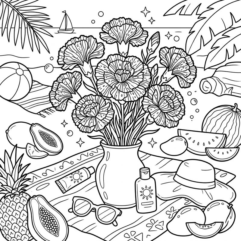 Embrace the warmth of summer with this delightful coloring page showcasing a beautiful bouquet of striped carnations. Surrounded by tropical fruits and beachside elements, it's the perfect escape for your creative mind.