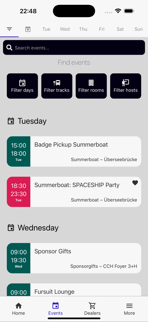 Eurofurence Convention app showing the event schedule and filters