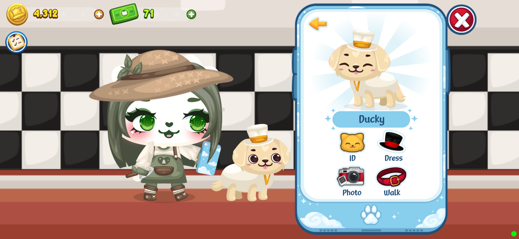 Happy Pet Island - A character stands next to a pet dog named Ducky with a profile menu showing dress and walk options in Happy Pet Island.