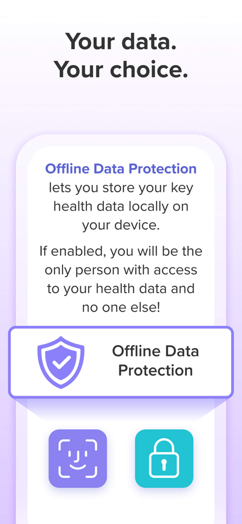 Privacy settings screen for Glow Nurture app showing offline data protection and local health data storage features.