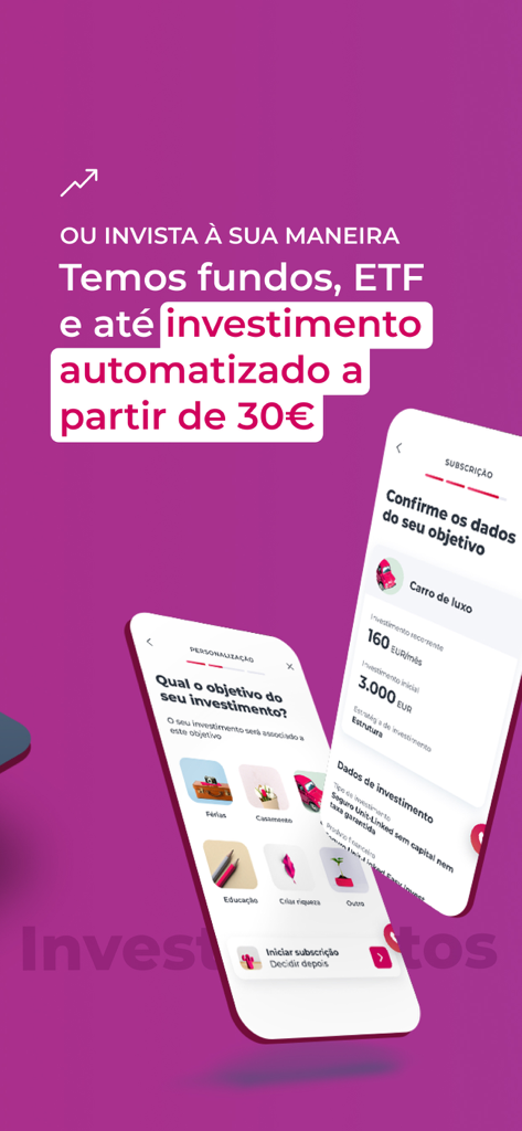 Millenniumbcp mobile app interface showing automated investment options and personalized financial goal setting