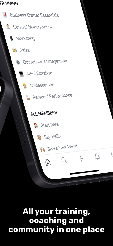 Interface de l'application TRADIE montrant les catégories de formation professionnelle et les sections communautaires pour les artisans.