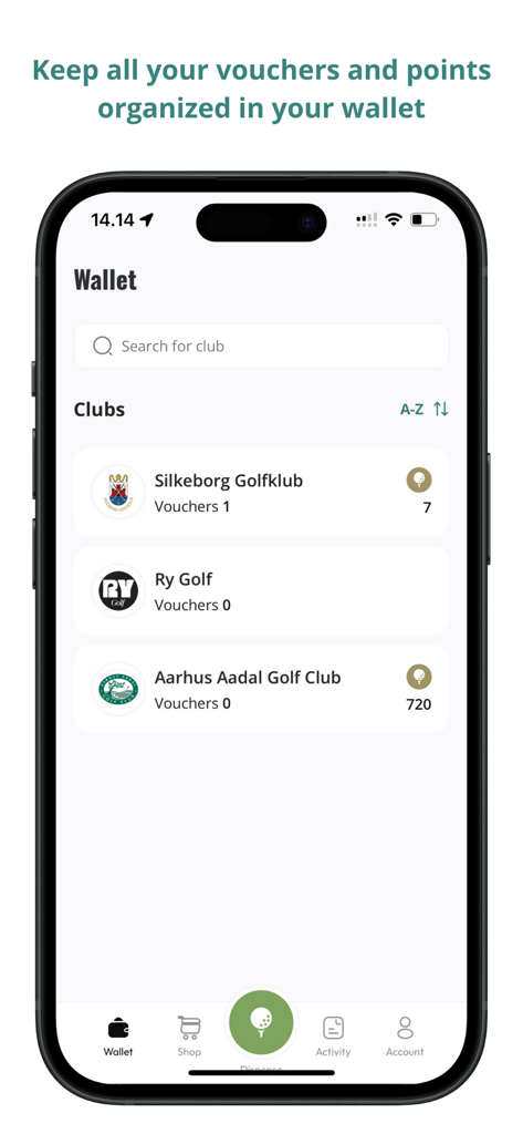 GolfMore - GolfMore app wallet screen showing golf club vouchers and points