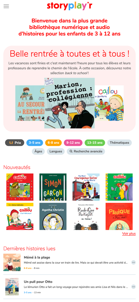 Storyplayr app home screen displaying a selection of children's books and age categories