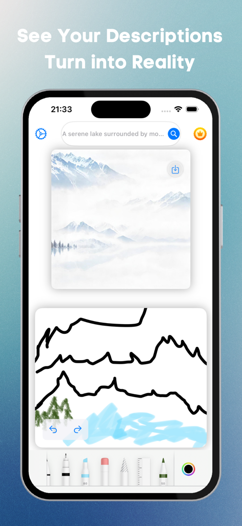 Shake Brush & AI Painting - Una interfaz móvil que muestra un paisaje montañoso generado por IA a partir de una descripción de texto y una herramienta de boceto dibujada a mano.