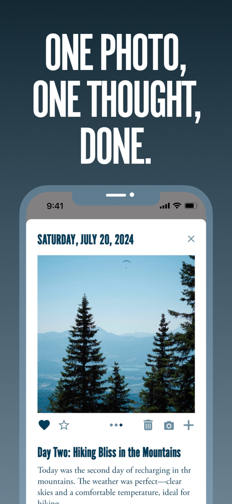 Photo Journal: Pic Diary - A mobile phone displaying a photo journal entry with a mountain landscape and hiking notes.