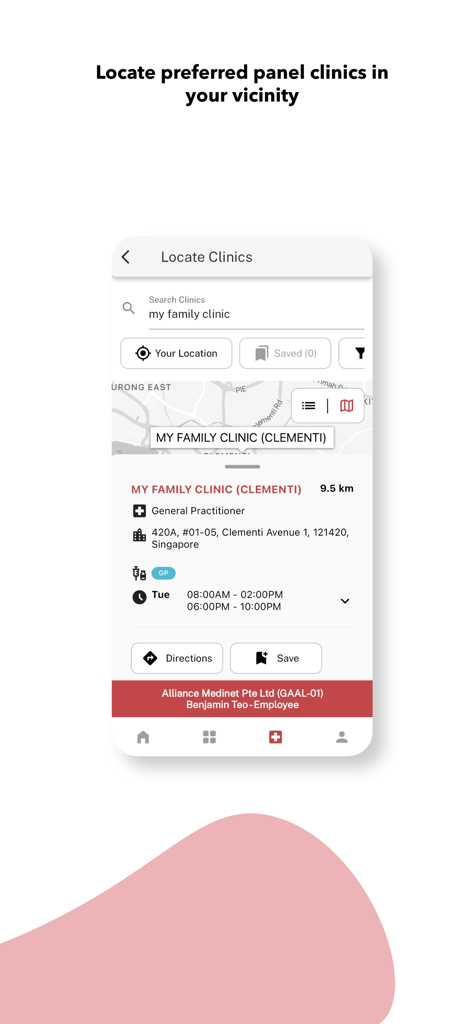 Great Benefits - Mobile app screen showing a panel clinic search and location results