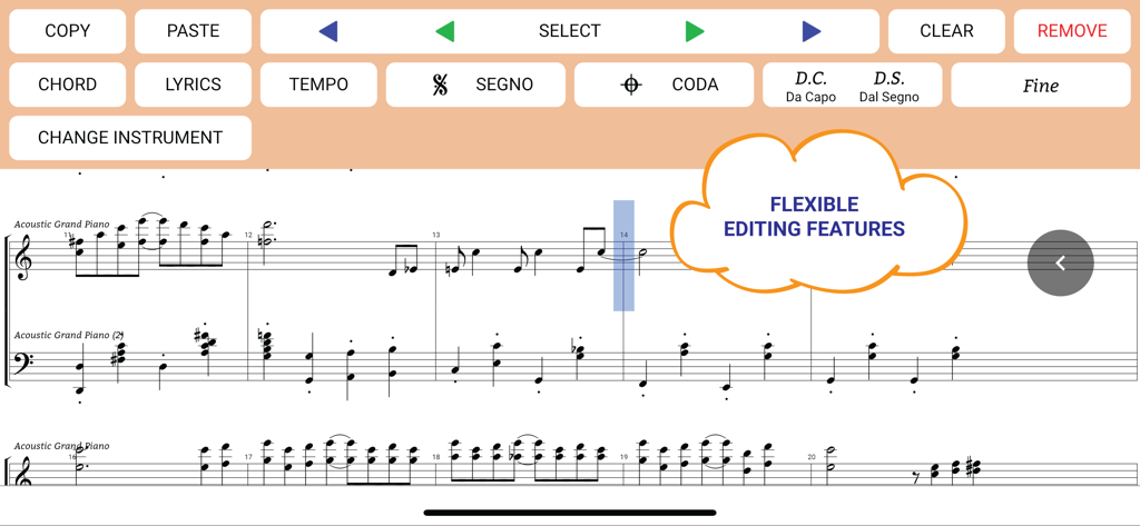 Interface de l'application Maestro music composer montrant des partitions et des outils d'édition flexibles