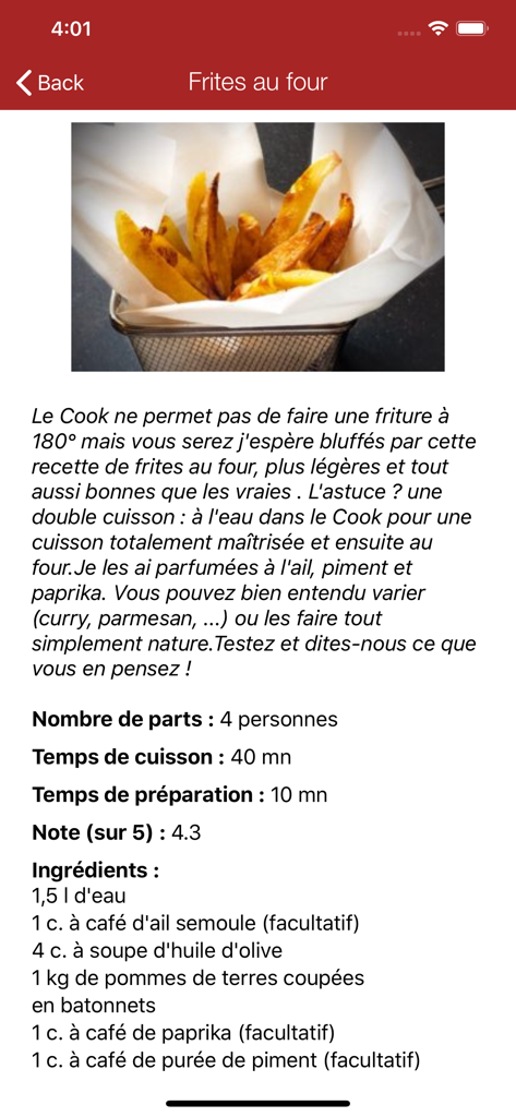 Detailed recipe for baked fries shown in the Recettes Cook mobile app interface