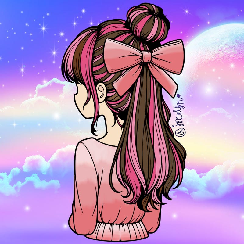 realistic girl  with hip length hair a bun and a big bow on the back of head