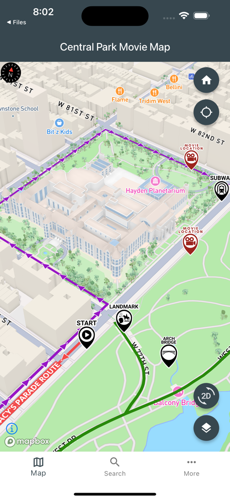 Central Park Movie Map - A 3D GPS map interface showing movie locations and landmarks in Central Park