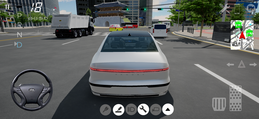 3DDrivingGame4.0 Project:SEOUL - Third-person view of a white car driving through a realistic 3D recreation of Seoul with city traffic and on-screen controls