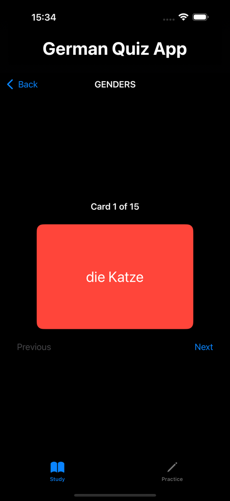 German A1 Quiz App - 女性名詞 die Katze を示すフラッシュカードのドイツ語A1クイズアプリのインターフェース