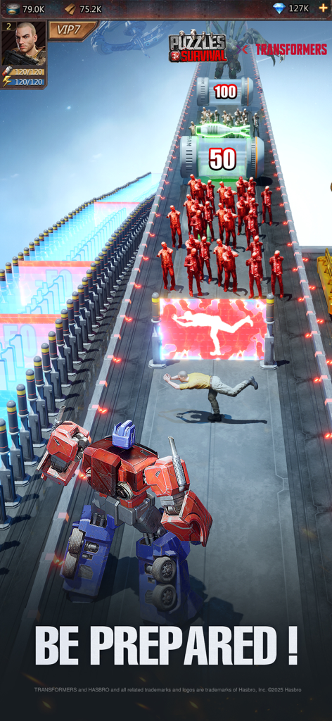 Puzzles & Survival - Optimus Prime from Transformers in a Puzzles and Survival mobile game runner level against zombies