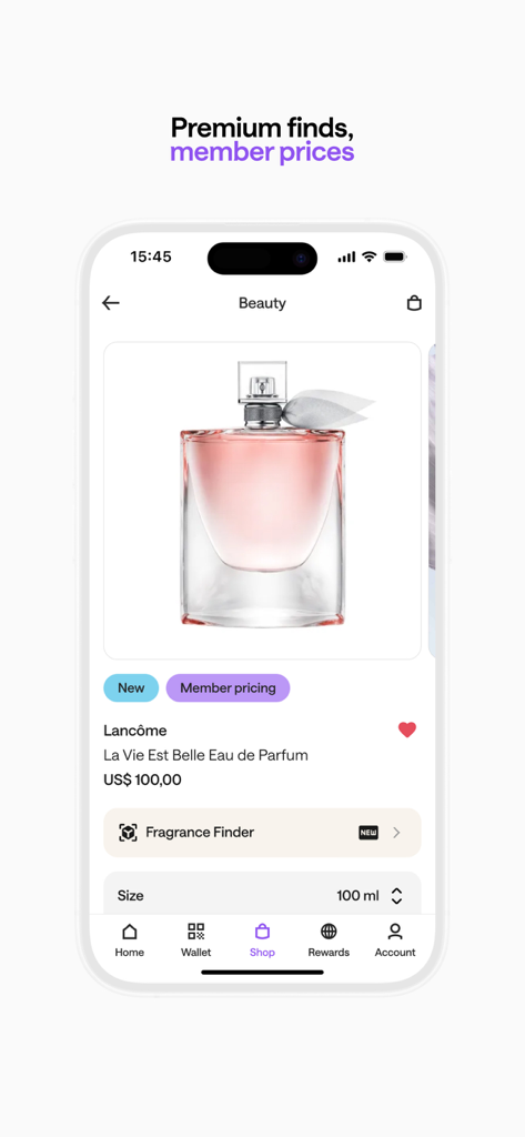 Club Avolta mobile app product page for Lancome perfume with member pricing