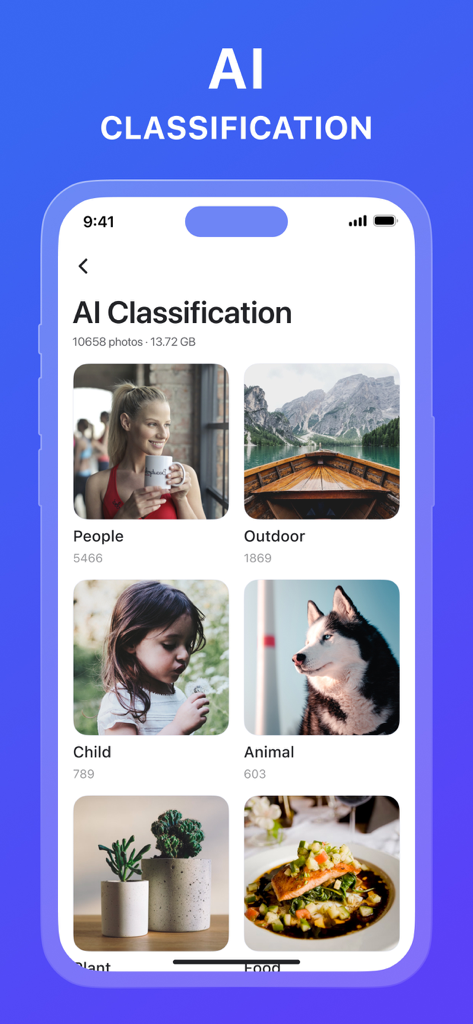 Ora Cleaner app screenshot showing AI photo classification into categories like People Outdoor Child and Animal