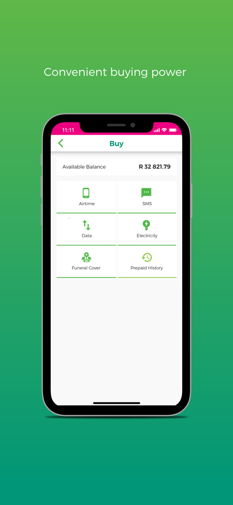OM Money Account app interface displaying options for buying airtime data and electricity