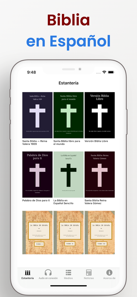 Mi Biblia católica en español - Interfaz de estantería digital de la aplicación Mi Biblia Catolica mostrando varias versiones de la Biblia en español
