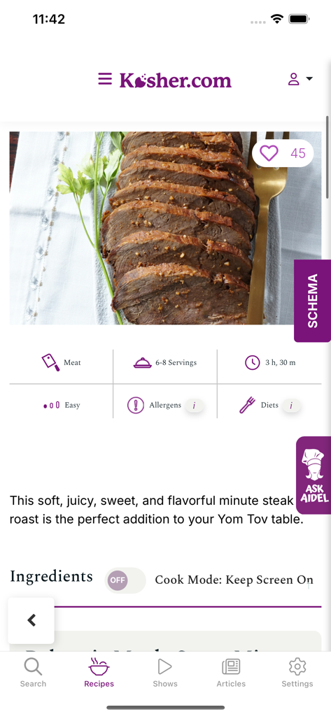 Kosher.com - A recipe for a sliced meat roast on the Kosher.com mobile application.