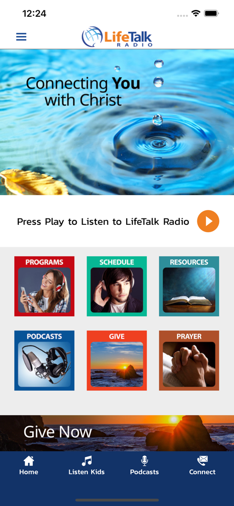 Lifetalk Radio - Home screen of LifeTalk Radio app featuring menu categories for Programs, Podcasts, and Prayer