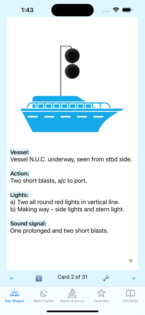 Sail Safe - Sail Safe app displaying a maritime day shapes card for a vessel not under command
