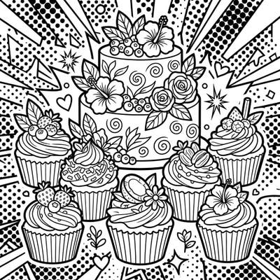 Indulge in a sweet coloring adventure with this dynamic Pop Art design featuring delicious vegan cakes and cupcakes. Perfect for those who love vibrant art and delightful plant-based treats.