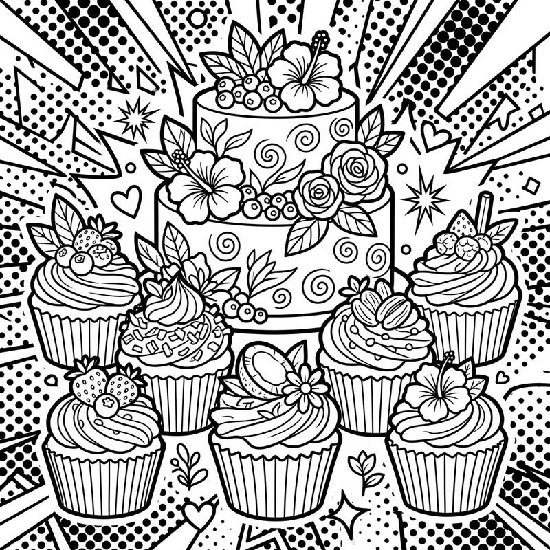 Indulge in a sweet coloring adventure with this dynamic Pop Art design featuring delicious vegan cakes and cupcakes. Perfect for those who love vibrant art and delightful plant-based treats.