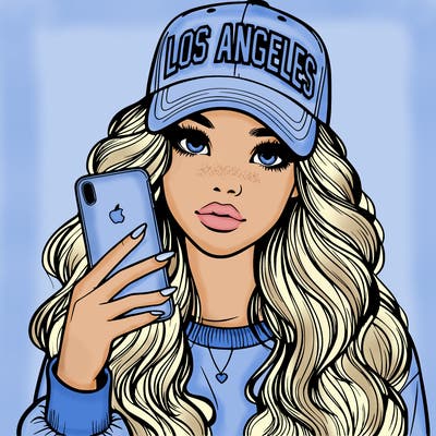 realistic beautiful girl wearing los ángeles cap holding an iphone