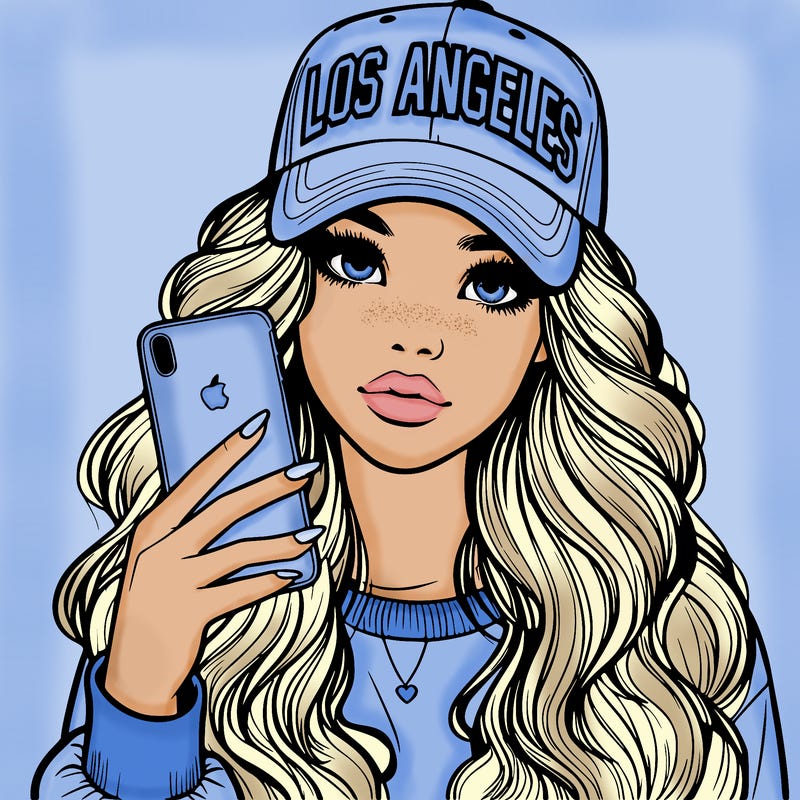 realistic beautiful girl wearing los ángeles cap holding an iphone