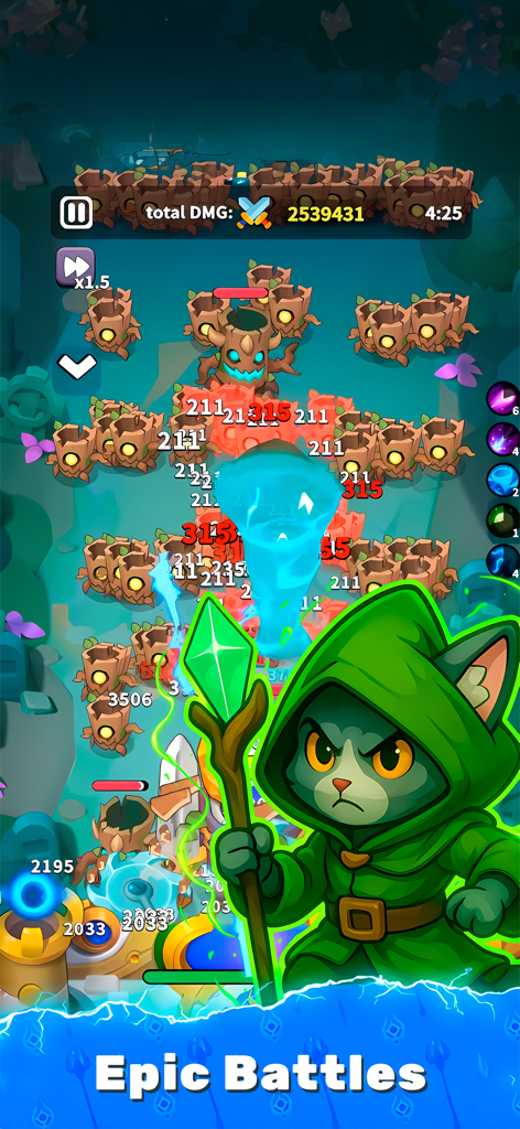 Archmagic Survivors TD - Gameplay screenshot of Archmagic Survivors TD featuring a hooded cat mage fighting waves of tree monsters with magic spells.