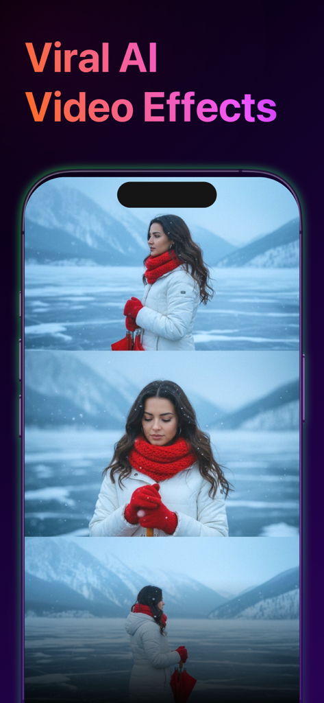 Pantalla de smartphone que muestra efectos de video viral de IA con tres fotogramas cinematográficos de una mujer en un paisaje nevado.