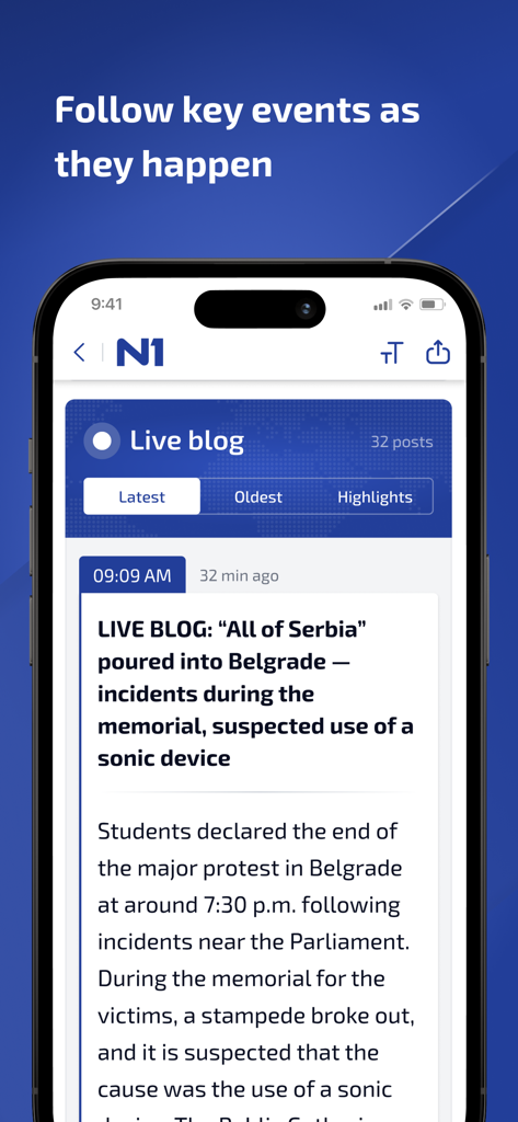 N1 info - N1 info App-Bildschirm mit einem Live-Blog über wichtige Ereignisse in Belgrad.
