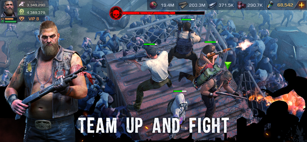 A group of survivors fighting a horde of zombies in the strategy game State of Survival Zombie War.